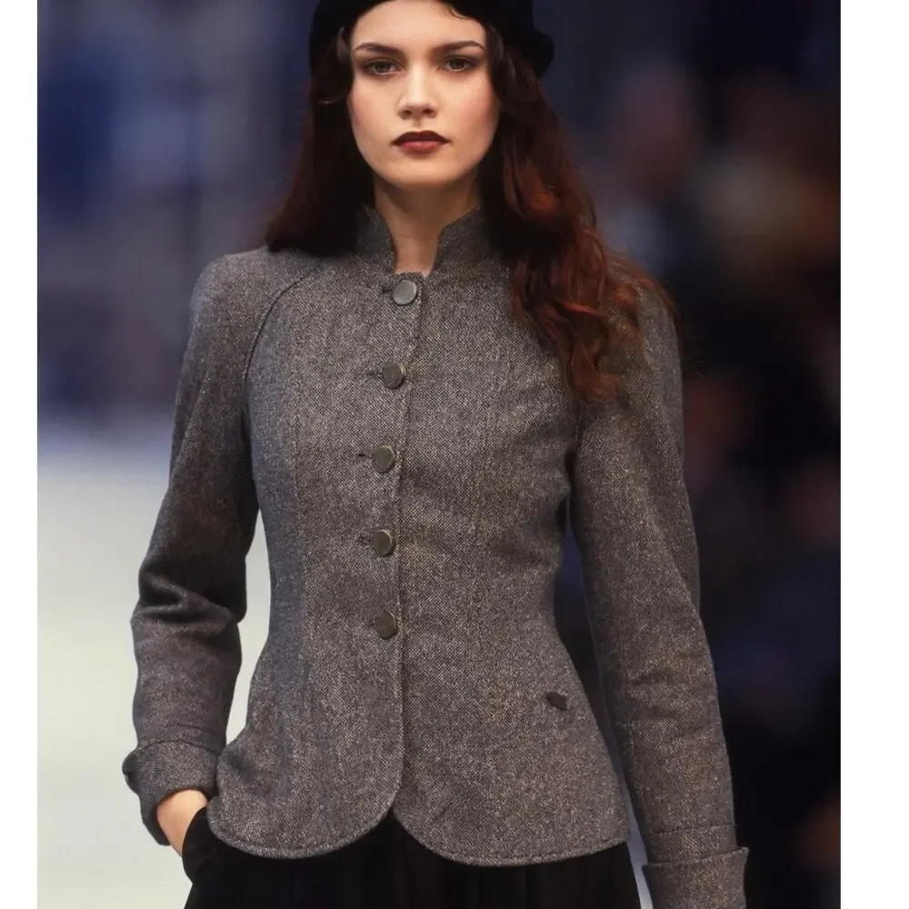 Karl Legerfeld Rare Vintage 90s Gray Tweed Military Steampunk Style Jacket